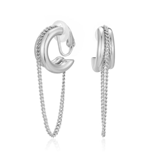Gold Silver Trendy Clip On Dangle Earrings for Women | Clip On Drop Earrings, Tassel Chain Hoop Earrings, Non Piercing, Fashion Jewelry Gifts - color: A Clip-Silver