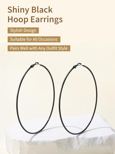 FindChic Thin Hoop Earrings for Women,Silver/Black/Gold Plated 20-100mm - color: Black, size: 90mm