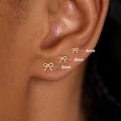 3 Pair Tiny Flat Back Earrings for Women - 14K Gold/White Gold Plated Dainty Cute Small Screw Flatback Stud Earring, Everyday Wear Gift - color: Bow Flat-4/5/6mm Gold