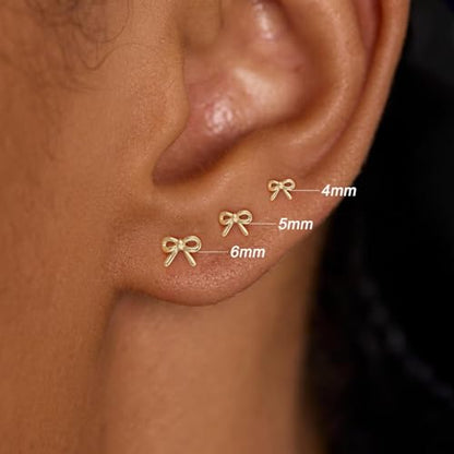 3 Pair Tiny Flat Back Earrings for Women - 14K Gold/White Gold Plated Dainty Cute Small Screw Flatback Stud Earring, Everyday Wear Gift - color: Bow Flat-4/5/6mm Gold