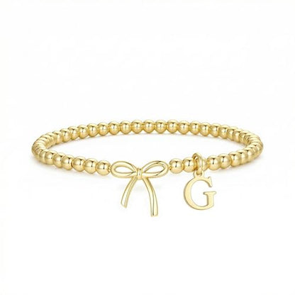 Letter A-Z Bracelets for Women Teen - Inital Beaded Bracelet with Bowknot Charm, Dainty Stretch Stackable Bracelet, Trendy Jewelry Gifts for Birthday Easter Basket Stuffers - style: Gold: G
