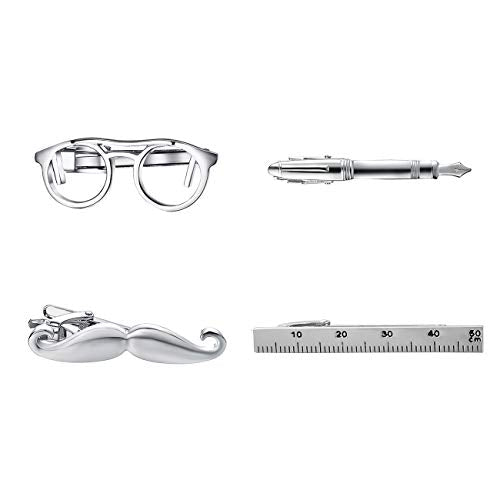 Yoursfs 4 Pcs Funny Tie Clips Set For Men Unique Stainless Steel Eye Glasses/Ruler/Pen/Mustache Tie Clips Personalized Jewelry - style: 4 Pcs Tie Clips Set