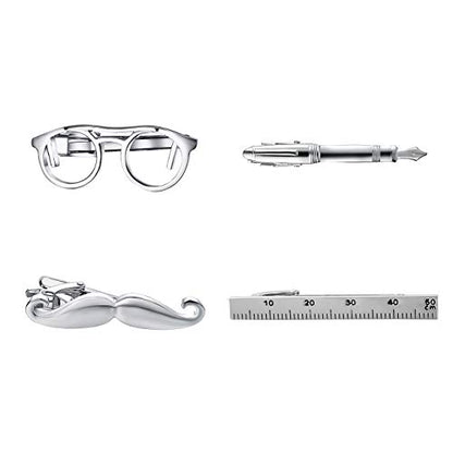 Yoursfs 4 Pcs Funny Tie Clips Set For Men Unique Stainless Steel Eye Glasses/Ruler/Pen/Mustache Tie Clips Personalized Jewelry - style: 4 Pcs Tie Clips Set