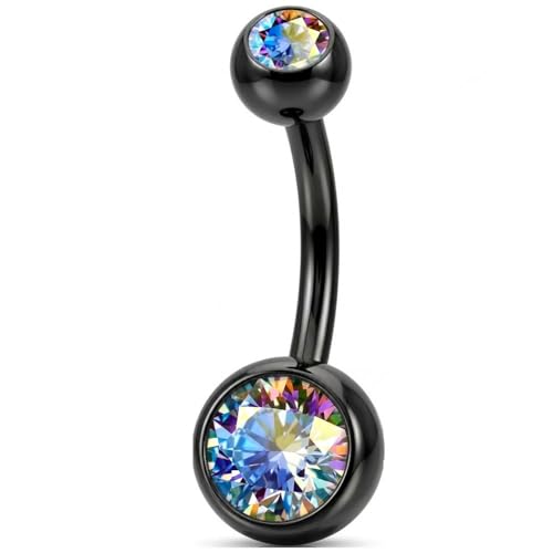 Belly Button Piercing Ring 14 Gauge Surgical Steel - color: BLACK DOUBLE AB GEMS