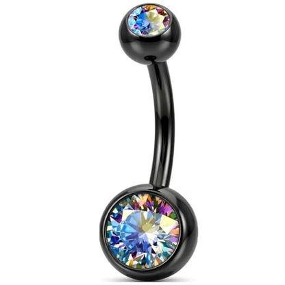 Belly Button Piercing Ring 14 Gauge Surgical Steel - color: BLACK DOUBLE AB GEMS