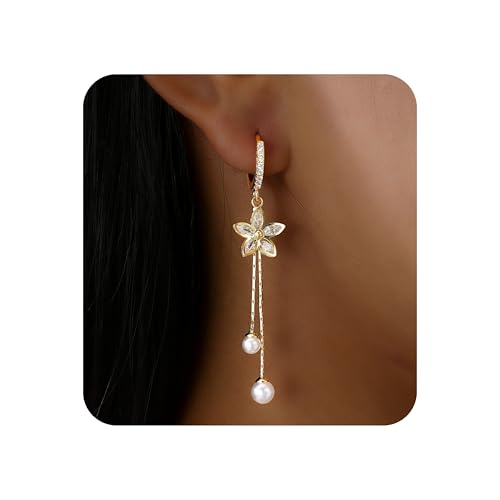 14K Gold Plated CZ Flower Dangle Earrings for Women, Sparkly Cubic Zirconia Long Tassel Drop Earrings, Bridal Wedding Jewelry - color: B:Flower Pearl Earrings