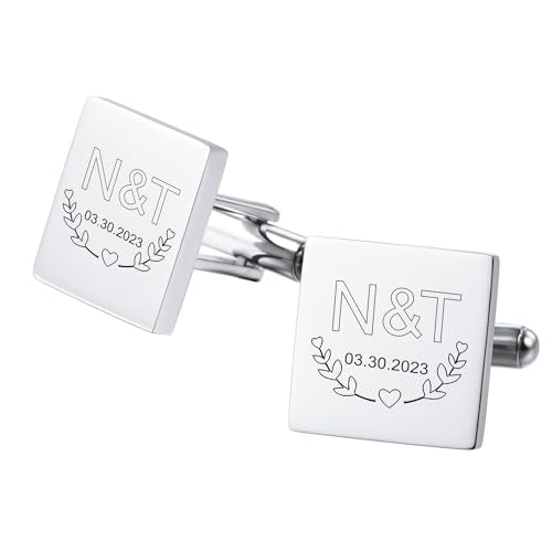 Classic Stainless Steel Cufflinks for Men Personalized Initial/Date/Photo Silver Mens Cufflinks Gift for Husband Groomsmen Groom Father of the Bride - color: Square (Initials & Date)