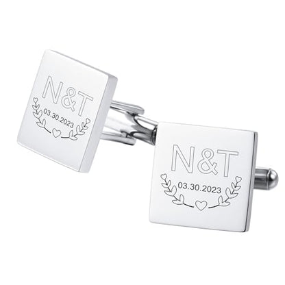Classic Stainless Steel Cufflinks for Men Personalized Initial/Date/Photo Silver Mens Cufflinks Gift for Husband Groomsmen Groom Father of the Bride - color: Square (Initials & Date)