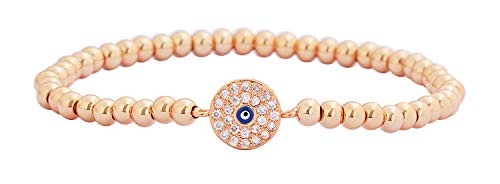 Women Evil Eye Ball chain Elastic bracelet with CZ Cubic Zirconia - color: Rose Gold