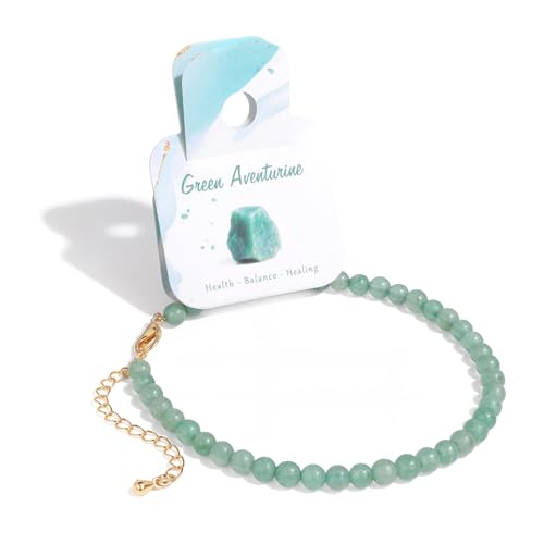 Natural Stone Beaded Anklets for Women, Handmade Boho Clear Quartz 4mm Crystal Beads Anklet, Gold Chain Adjustable Ankles Bracelet, Beach Summer Jewelry Gemstone Foot Bracelet Gift - color: Green Aventurine