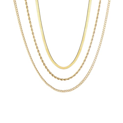 wgoud Gold Necklace for Women Waterproof,14K Real Gold Plated Herringbone Choker Necklace for Women Trendy, Dainty Gold Chain Necklaces Stack,Simple Layered Gold Necklaces for Women Jewelry Gifts - color: 3Pcs Gold Necklace