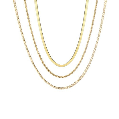 wgoud Gold Necklace for Women Waterproof,14K Real Gold Plated Herringbone Choker Necklace for Women Trendy, Dainty Gold Chain Necklaces Stack,Simple Layered Gold Necklaces for Women Jewelry Gifts - color: 3Pcs Gold Necklace