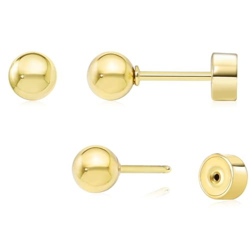Sweetkiki Threadless Flat Back Earrings, 14K Gold Plated Ball Stud Earrings Hypoallergenic | Cartilage Earring | Helix Piercing Jewelry | Tragus Piercing Jewelry | Push in Flatback Earrings for Women Men - color: 14K Gold, size: 5 Millimeters
