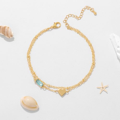 Birthstone Anklet with Heart Charm Layer Ankle Bracelet for Women, 14K Gold Plated Adjustable Chain Stackable Trendy Jewelry Gift for Her, Mom, Friend, Wife - style: 12-December