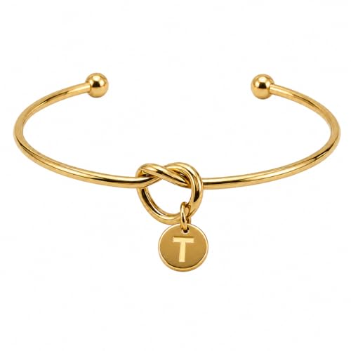 LemonRose Initial Bracelets for Women - Dainty Tie the Knot Letter A-Z 14K Gold Plated for Women Gold Cuff Bracelet for Womens Jewelry Personalized Bridesmaid Proposal Gifts - color: Gold T
