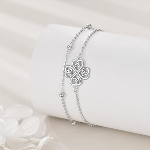 Four Leaf Clover/Chakra Leaf Anklets 925 Sterling Silver Double Layered Chain Women's Anklets Jewelry Gifts - style: Four Leaf Clover Anklets