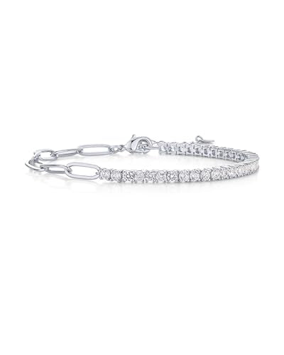 PAVOI 14K Gold Plated Paperclip Tennis Bracelets for Women - Link Chain Gold Bracelet for Women with Cubic Zirconia - Adjustable Trendy Bridal Jewelry - color: White Gold