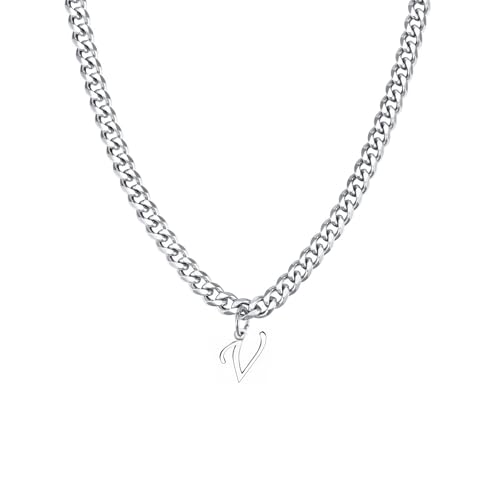 Stainless Steel Initial A-Z Necklace for Men Women,Cuban Chain,Titanium Steel Initial Letter Pendant Charm Necklaces Accessories Jewelry for Woman Man,21 Inch Chain - color: V