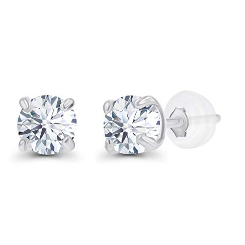 Solid 14K Gold 3mm Round Prong Set Hypoallergenic Genuine Petite Birthstone Stud Earrings - color: Created-White-Sapphire