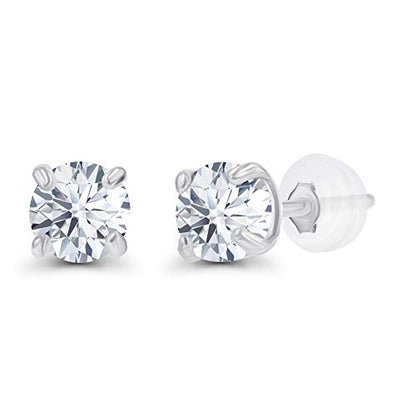 Solid 14K Gold 3mm Round Prong Set Hypoallergenic Genuine Petite Birthstone Stud Earrings - color: Created-White-Sapphire