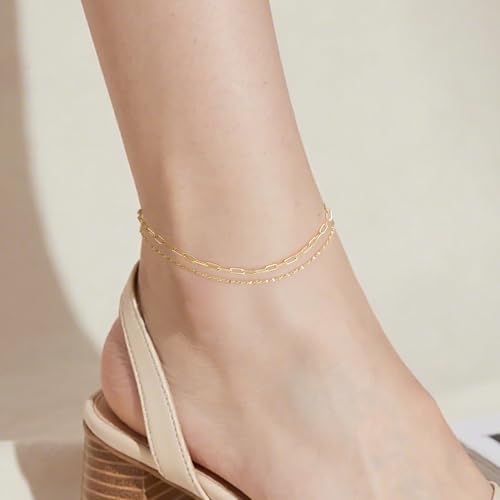 14K Gold Anklets for Women Gold Ankle Bracelets for Women | 14K Gold Anklets for Women Double-Layer Design Delicate Chain Stacked with Paperclip Link Anklets for Womens Ankles Bracelets