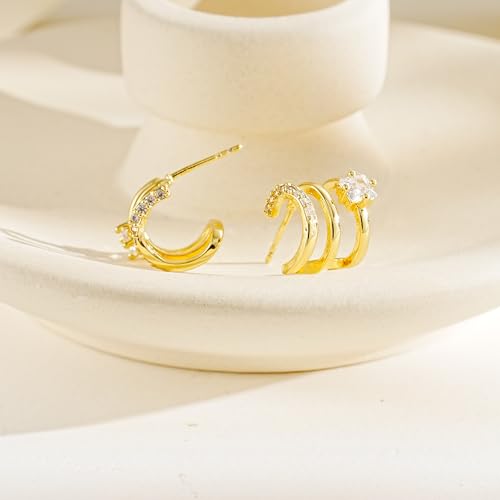 Gold Triple Hoop Illusion Stud Earrings, 14K Chunky Gold Plated Hoop Earrings Cuff Earrings for Women Trendy, Hypoallergenic Earrings Set Jewelry Gift - color: Triple hoop earrings-diamond