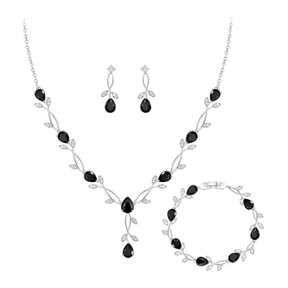 Crysdue Wedding Jewelry Set for Brides Bridesmaid, Cubic Zirconia Teardrop Marquise Leaf Cluster Pendant Necklace Bridal Tennis Bracelet Drop Earrings for Women Party Prom - style: A- CZ set-black, silver
