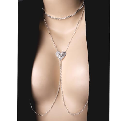 Sexy Rhinestone Heart Bra Body Chain Necklace Festival Rave Crystal Non Piercing Nipple Chain Jewelry Bikini Lingerie Nipple Body Jewelry for Women Party - color: Silver