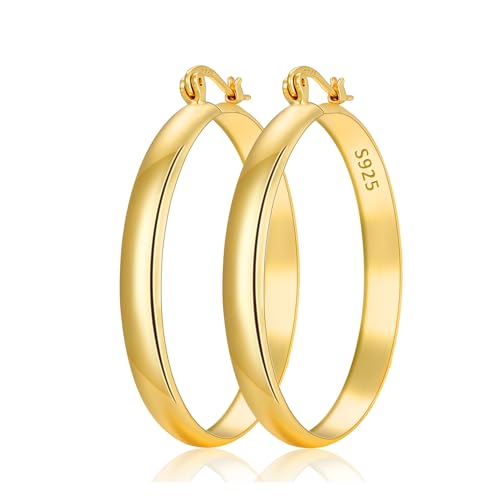 Apsvo Hoop Earrings for Women, 5mm Wide 14K Gold Plated/Silver Hoop Earring Hypoallergenic 925 Sterling Silver Earrings Lightweight Large Earrings for Women - color: Gold &50mm