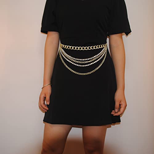 Suyi Multilayer Chain Belt Rhinestone Metal Chain Belts for Women Punk Gold Waist Chain - color: Gold, size: M: 110 CM