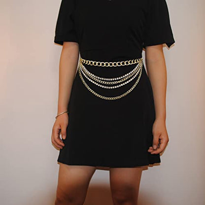 Suyi Multilayer Chain Belt Rhinestone Metal Chain Belts for Women Punk Gold Waist Chain - color: Gold, size: L: 130 CM