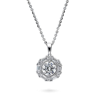 BERRICLE Sterling Silver CZ Pendant Necklace for Women, Cubic Zirconia - Cushion, Pear, Princess, Round Cut - Art Deco Halo Designs - style: Brilliance Halo