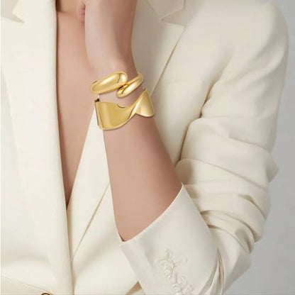 Emibele Cuff Bracelet Stack, 18K Gold-plated Open Bangle Bracelet, Teardrop Hinged Thick Wrist Chunky Bracelet Set for Women, Non Tarnish Jewelry Gift, 2 Pack - color: Gold Stack