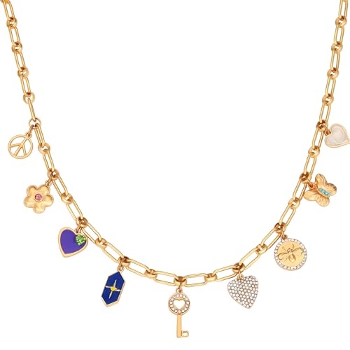 Charm Necklace for Women Gold Evil Eye Sun Moon Flower Coin Pendant Necklace Dainty Paperclip Chain Vintage Luck Amulet Choker Necklaces Celestial Jewelry Gift - style: 9 Charms- Key, Peace, Heart