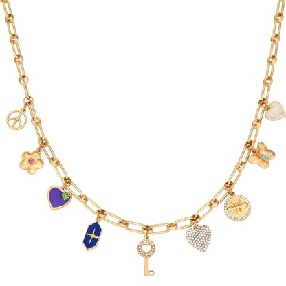 Charm Necklace for Women Gold Evil Eye Sun Moon Flower Coin Pendant Necklace Dainty Paperclip Chain Vintage Luck Amulet Choker Necklaces Celestial Jewelry Gift - style: 9 Charms- Key, Peace, Heart