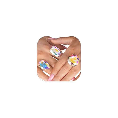 PLOUTOS Oversized Crystal Rhinestone Statement Cocktail Ring Set For Women Multi Shape Adjustable Band Chunky Fashion Jewelry Silver Tone For Women Party - color: Colorful