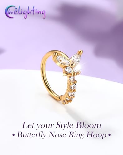 Melighting 20G Butterfly Nose Ring Hoop 8 mm Open Seamless Nose Piercing Jewelry Surgical Steel 316L, Twist Nostril Ring with Marquise and Round CZ, Silver Flower Body Piercing for Women - style: Butterfly Gold