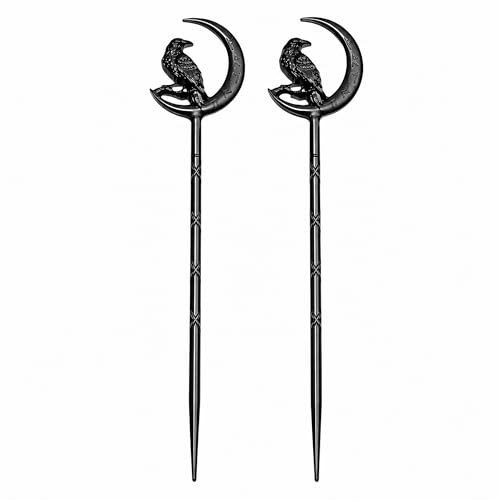 2PCS Viking Raven Hair Sticks – Moon Hair Pins for Women | Black Viking Hair Accessories with Raven Moon Design for Long Hair, Buns, Updos, Renaissance Festival, Halloween & Cosplay