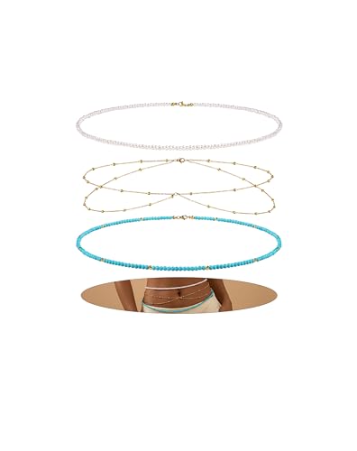 Waist Chain for Women 3Pcs Adjustable 14K Gold Plated Layered Belly Chain Pearl Beaded Waist Chain Jewelry Sets, Adjustable Waterproof Sexy Bikini Satellite Beads Sparkle Body Chain Summer Jewelry Gifts for Women - style: A-Gold