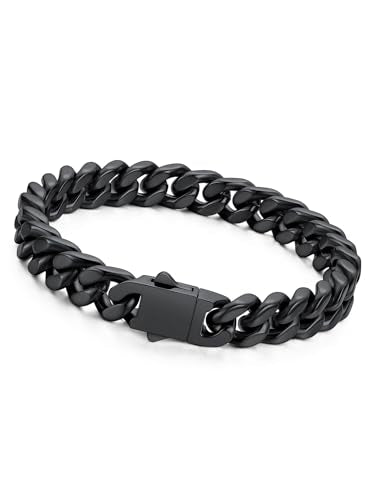 Richsteel Gold/Black/Silver Cuban Link Bracelet for Men,5/7/9/12MM Width | 316L Stainless Steel Chain Wrist Bracelet, Waterproof, No Tarnish, Hypoallergenic Hip Hop Jewelry, with Gift Box - color: 03-Black Plated 9mm Width