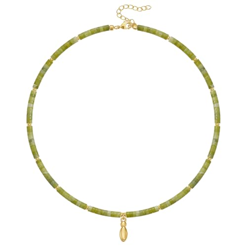 KELORIS PATH Beaded Initial Necklace for Women, 14K Gilded Plated Bubble Letter Pendant Natural Handmade Stone Choker Boho Colorful Summer Beach Jewelry Gift - color: Green Aventurine, style: Letter I