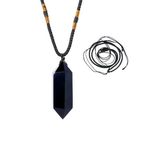 Runyangshi Black Obsidian Healing Crystal Pendants, Double Pointed Natural Crystal Quartz Necklace 6 Faceted Chakra Crystal Wand Stone - color: Black Obsidian