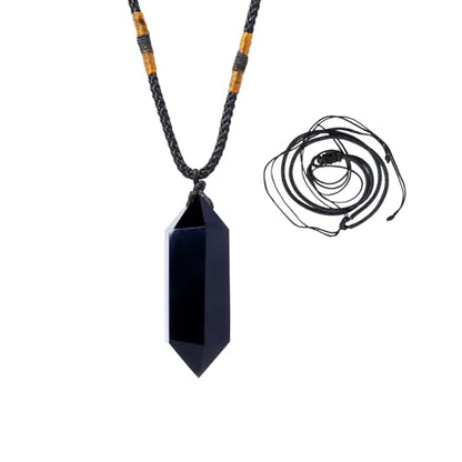 Runyangshi Black Obsidian Healing Crystal Pendants, Double Pointed Natural Crystal Quartz Necklace 6 Faceted Chakra Crystal Wand Stone - color: Black Obsidian