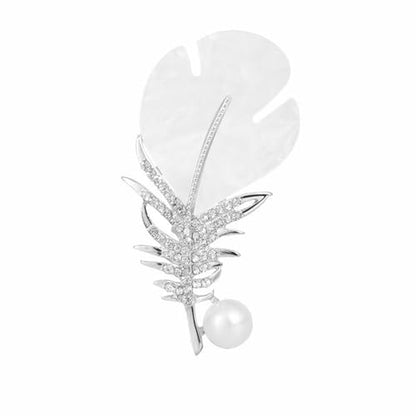 Rhinestone Feather Leaf Brooch Pin for Men Women Gold Silver Plated Elegant Delicate Leaves Hat Bag Suit Tie Crystal Pearl Lapel Brooches for Mother's Day Birthday Wedding Fashion Jewelry Gifts - color: Silver