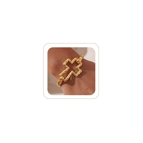 Moodear Chunky Gold Bangle Bracelets for Women, 14K Gold Plated/Silver Cuff | Chunky Statement Jewelry with Hammered Texture, Non Tarnish Gold Plated Finish, Unique Cuff Design, Lightweight Comfort - style: Cross Bangle Gold 18.5cm （≈7IN）