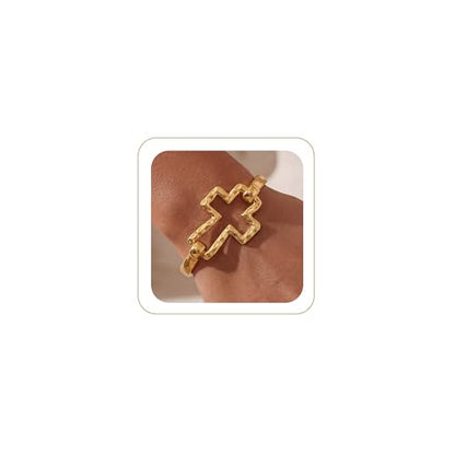 Moodear Chunky Gold Bangle Bracelets for Women, 14K Gold Plated/Silver Cuff | Chunky Statement Jewelry with Hammered Texture, Non Tarnish Gold Plated Finish, Unique Cuff Design, Lightweight Comfort - style: Cross Bangle Gold 18.5cm （≈7IN）