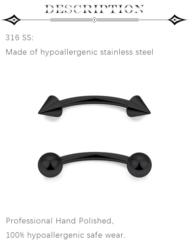 14G Snake Eyes Piercing Jewelry Tongue Curved Barbell Surgical Steel Belly Button Ring Eyebrow Piercing Jewelry Vertical Labret Lip Jewelry for Women Men Bar Length 8mm 10mm 12mm 14mm - color: 8pcs,14g,ball+spike,black