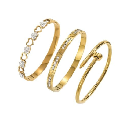 Gold Bangle Bracelets Set Stainless Steel Heart Stack Bracelet Hypoallergenic Dainty Bracelet For Women - color: 3pcs Set