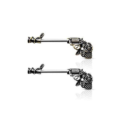 Pierced Owl - 14G Stainless Steel Rose Pistol Gun Nipple Barbells, Sold as a Pair