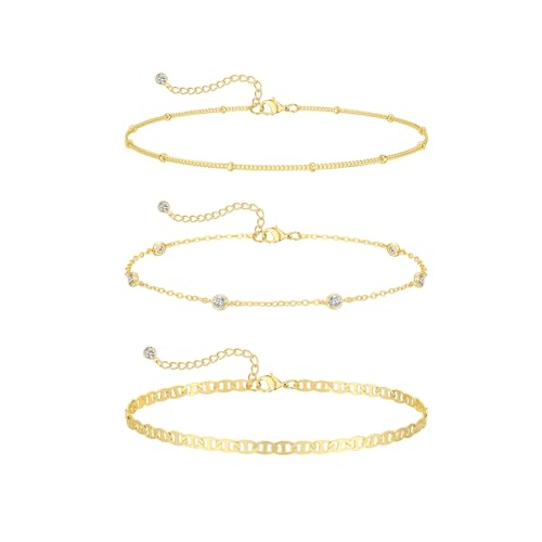 MFRYK Gold Ankle Bracelets for women,14k Gold/Silver Plated Waterproof Layered lightweight Cuban Link Figaro Chain Heart anklet butterfly anklet Pearl Ankle Bracelets Set Gold Anklets for women Trendy Jewelry Gift for Women - style: 3 anklets CZ satellite
